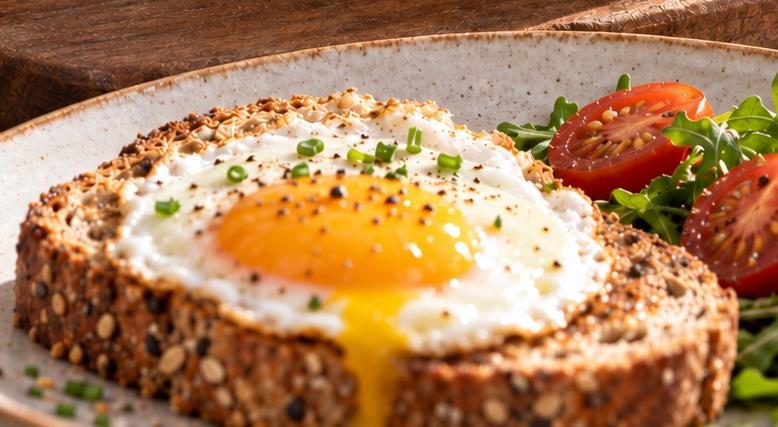 Gebakken VadiEgg met een goudgele dooier op volkoren toast